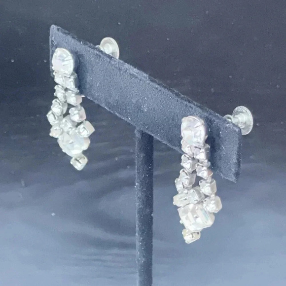 Vintage Rhinestone Screw-Back Earrings – Silver-Tone Chandelier, 1.5” - Picture 3 of 6